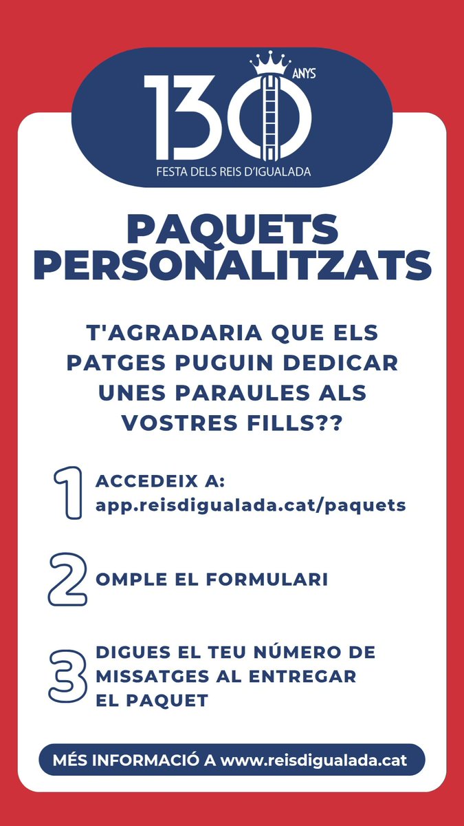 Avui podeu portar els paquets al magatzem reial de 18:00 a 22:00

Recordeu que podeu afegir missatges personalitzats a cada paquet a:
app.reisdigualada.cat/paquets
