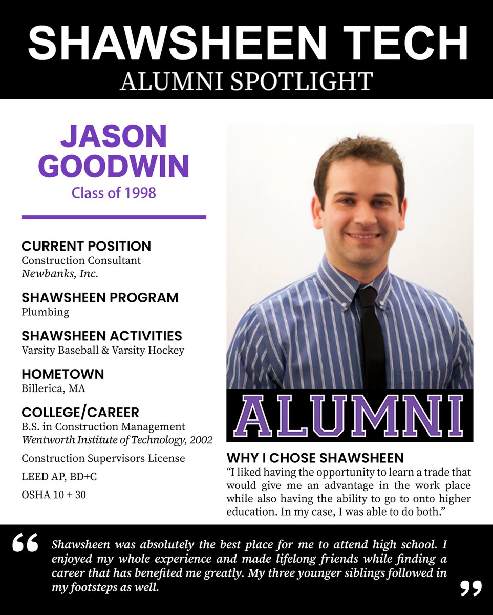 shawtech_hs's tweet photo. Kicking off our #ShawTechAlum series for 2025 with Jason, a 1998 Plumbing grad! He discovered his passion for construction here, earned a degree from Wentworth, & now thrives as a Construction Consultant. Check out his bio!
#ShawTechAlum connect with us: https://t.co/fgaLyhBt1A https://t.co/k21fTzQXIo