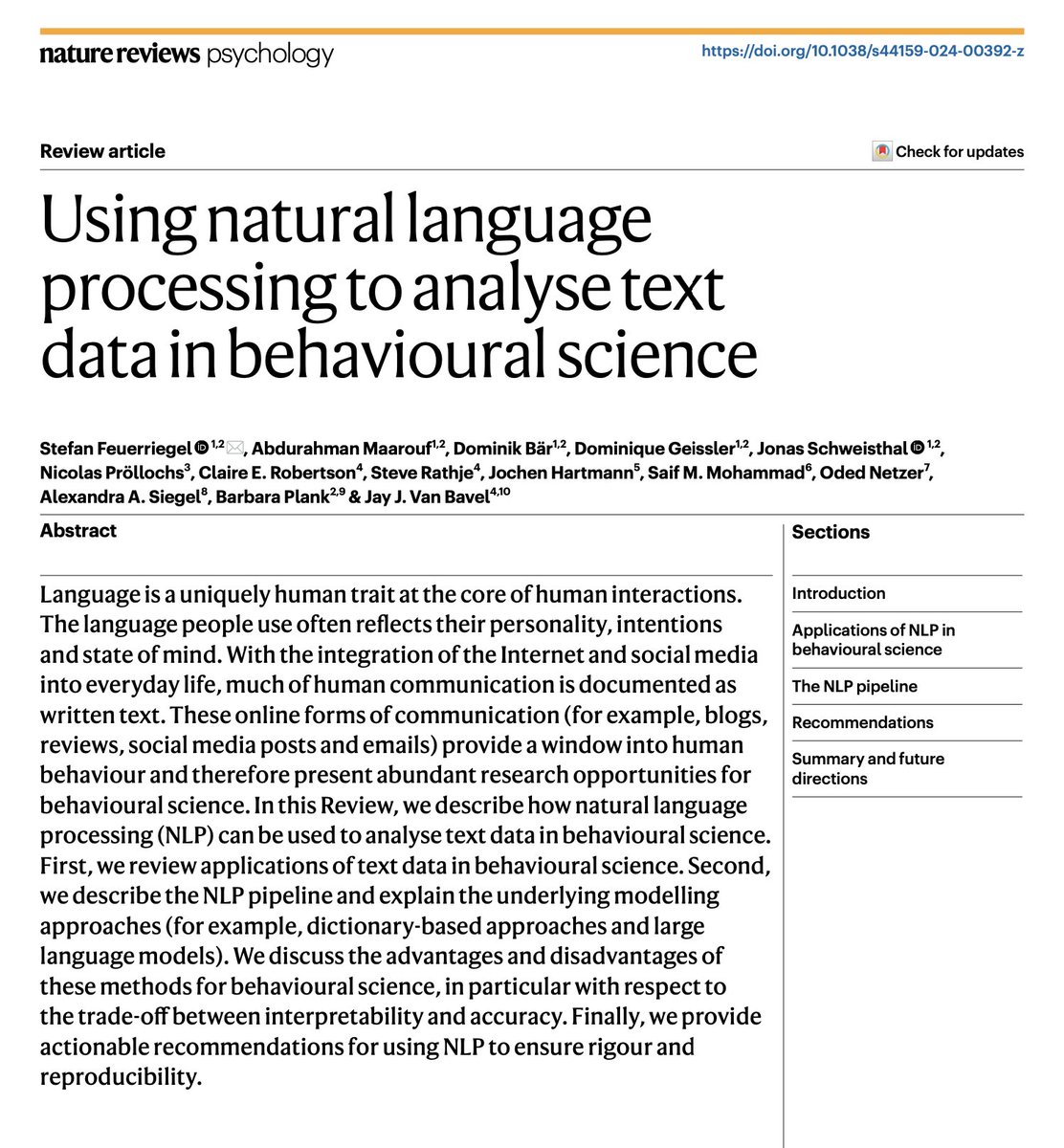 jayvanbavel's tweet image. We have a new paper explaining all the ways you can use natural language processing to analyze text data in @NatRevPsych
We provide user friendly recommendations for using NLP to ensure rigour and reproducibility
Free link: nature.com/articles/s4415…
Led by @stfeuerriegel