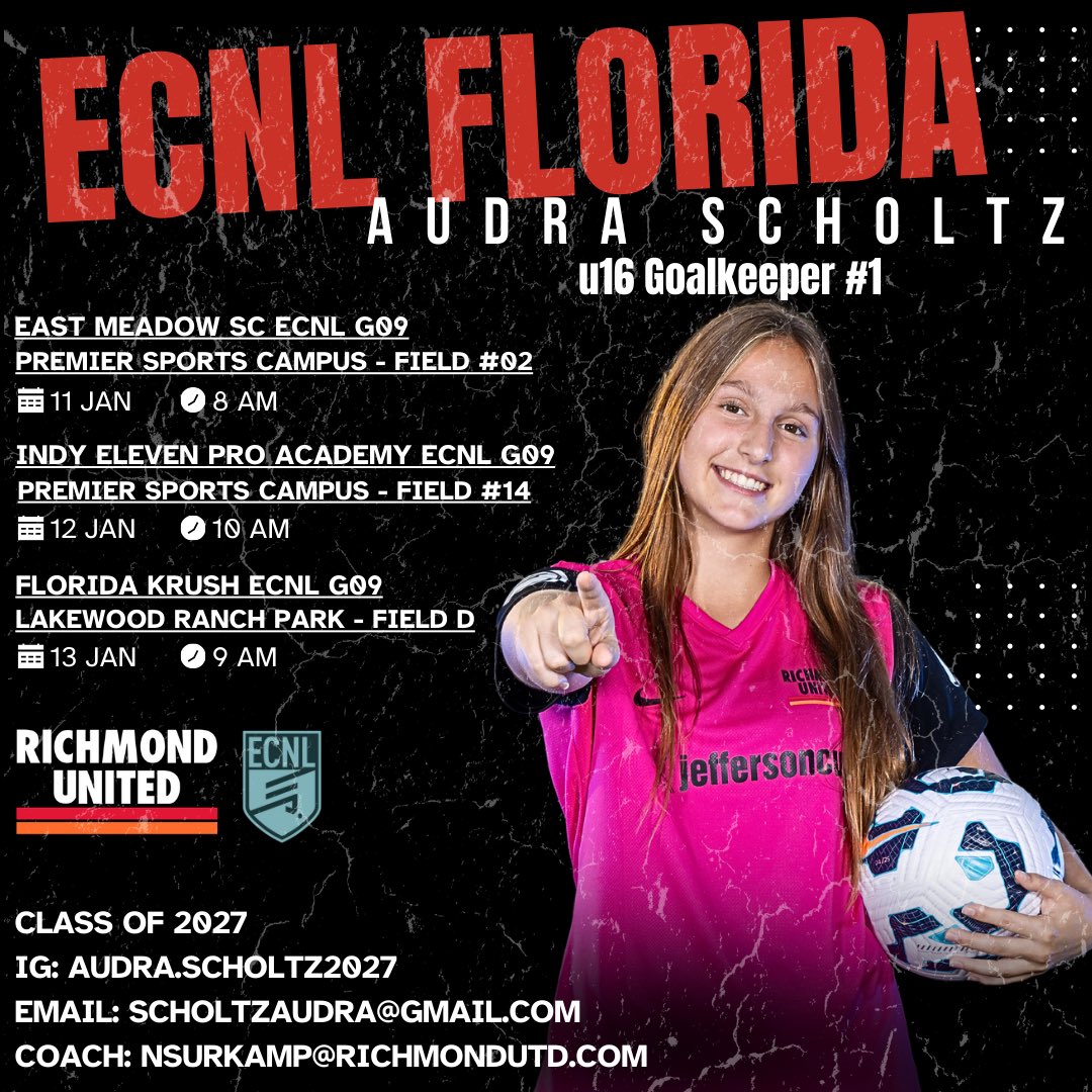 Starting off 2025 at ECNL Florida next week!  Can’t wait!  Here is our schedule- please come check us out!
<a href="/TheSoccerWire/">SoccerWire</a> <a href="/ImYouthSoccer/">ECNL/GA/Recruiting/College Soccer</a> <a href="/ImCollegeSoccer/">College Soccer Truth ™</a> <a href="/richmondunited/">Richmond United ECNL Girls</a> <a href="/ECNLgirls/">ECNL Girls</a> <a href="/TopDrawerSoccer/">TopDrawerSoccer</a> <a href="/SRUSA_Official/">SRUSA 🇺🇸</a>