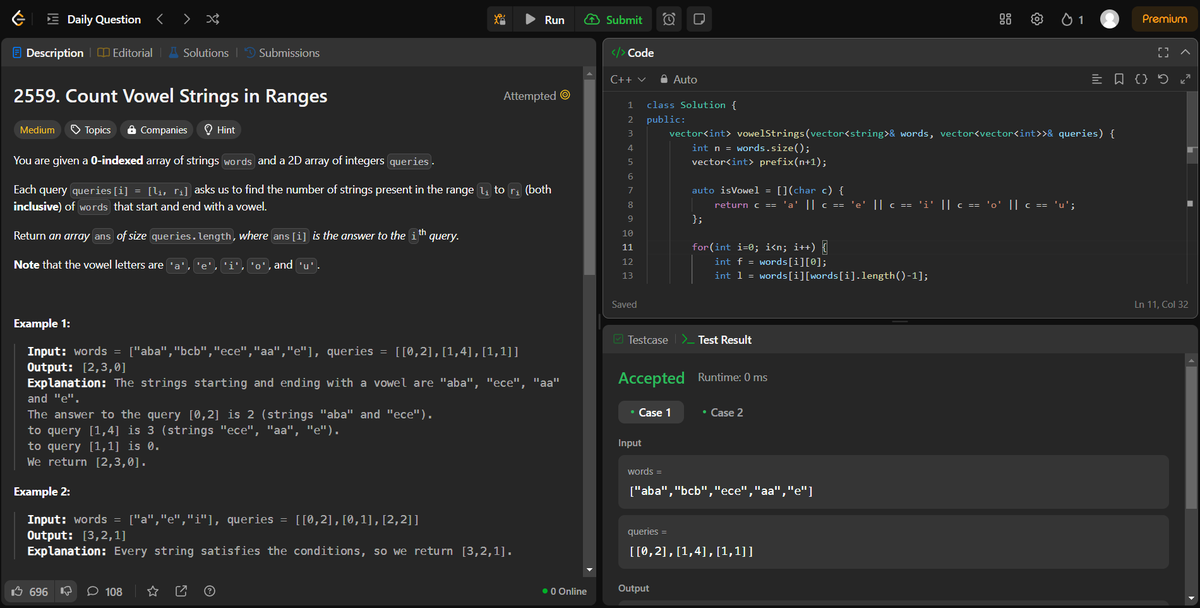 arav_mahind's tweet image. #Day22 of #30daysProductivityChallenge      

-- 📍Solved string and array related questions       
-- 💻Leetcode 
      - 2559. Count Vowel Strings in Ranges
      - 1768. Merge Strings Alternately
      - 392. Is Subsequence

#buildinpublic #DSA #LeetCode #ProblemSolving