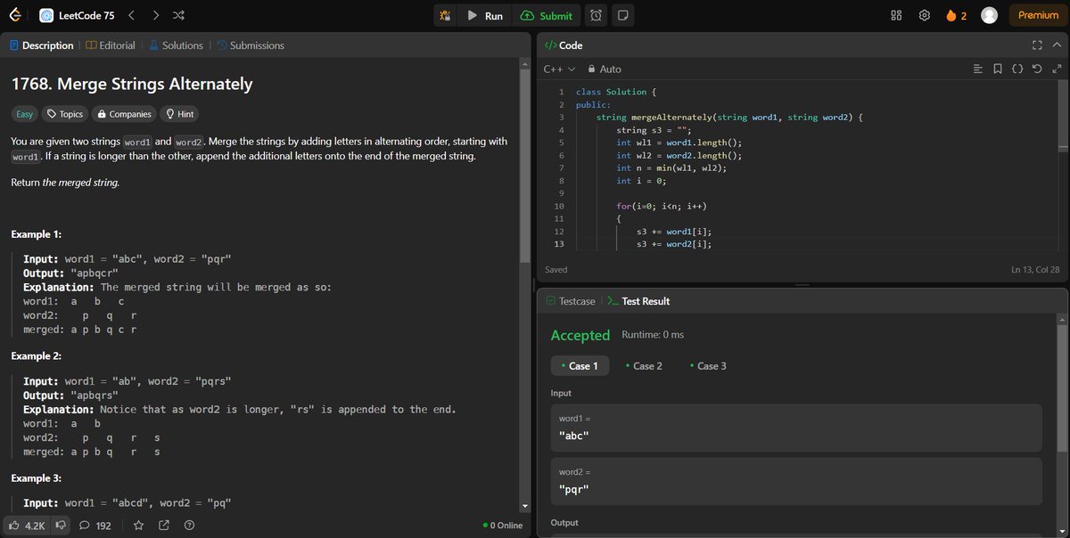arav_mahind's tweet image. #Day22 of #30daysProductivityChallenge      

-- 📍Solved string and array related questions       
-- 💻Leetcode 
      - 2559. Count Vowel Strings in Ranges
      - 1768. Merge Strings Alternately
      - 392. Is Subsequence

#buildinpublic #DSA #LeetCode #ProblemSolving
