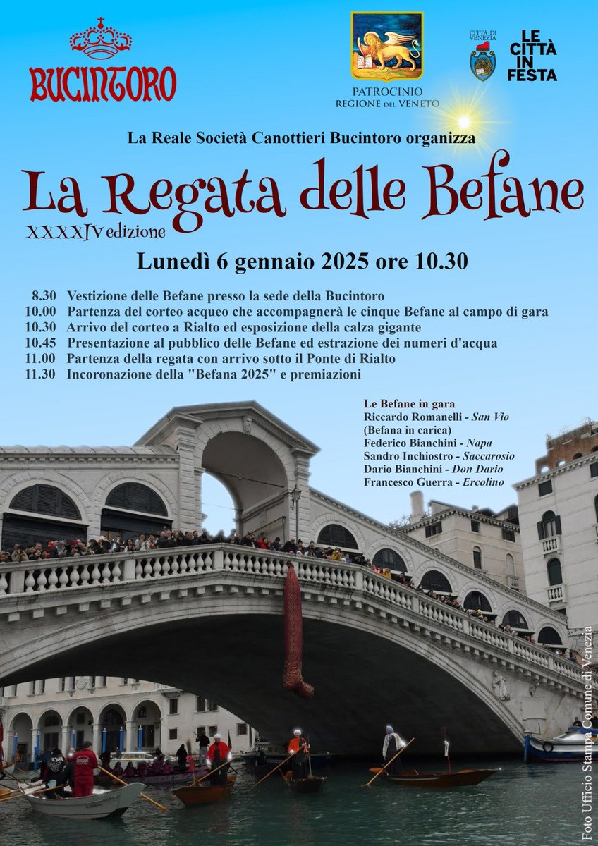 SimonVenturini's tweet photo. Torna la regata delle #Befane!
Uno degli appuntamenti simbolo dell'Epifania, lunedì mattina, tornerà a impreziosire il #CanalGrande con le simpatiche vecchiette armate di remo.
La 44° regata su maciarete vedrà protagonisti i vogatori della Reale Società Canottieri Bucintoro. https://t.co/LVPVyNI6x1