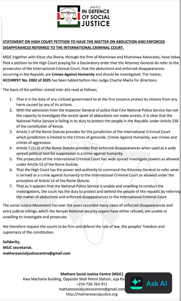 MathareSJustice's tweet image. Since @NPSOfficial_KE are not investigating ongoing abductions, together with @KituoSheria, through Khaminwa & Khaminwa, we have filed petition HCCHRPET No. E002 of 2025 to declare the AG to refer them to the @IntlCrimCourt as crimes against humanity.