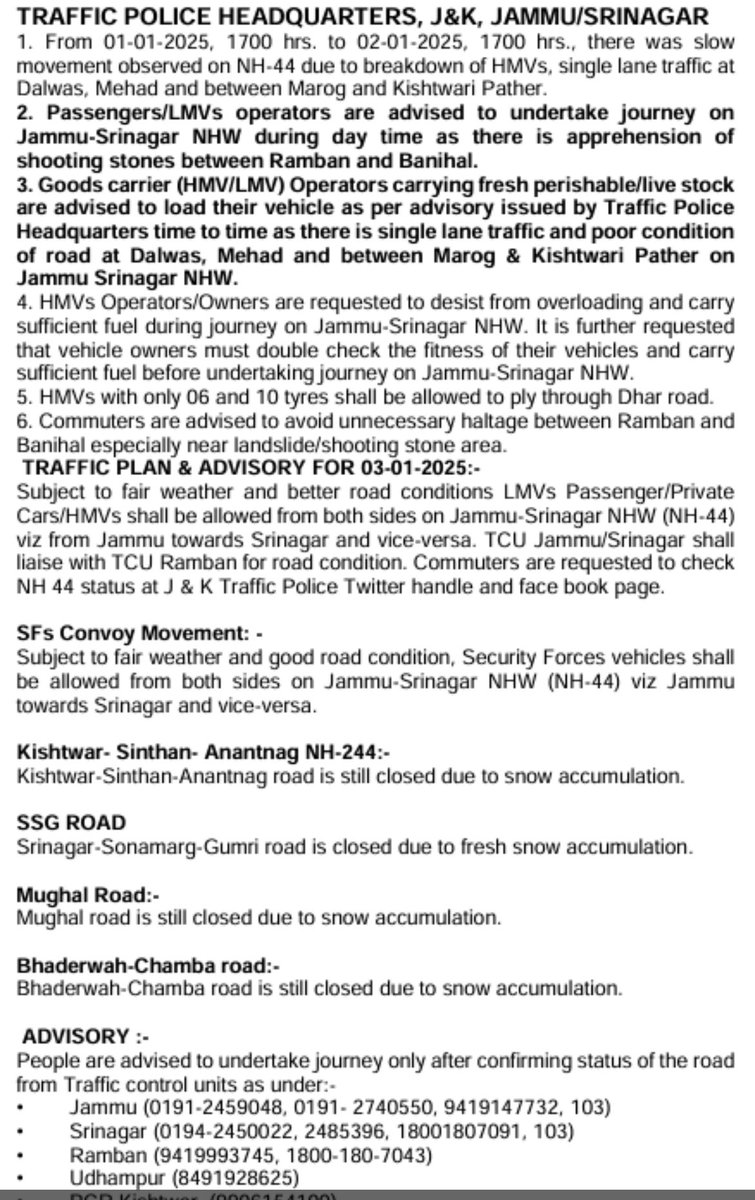 manojkaul1's tweet photo. Traffic advisory for Jan. 03, 2025#winter #National #Kashmir #WinterAhead https://t.co/Grn15xiYyr