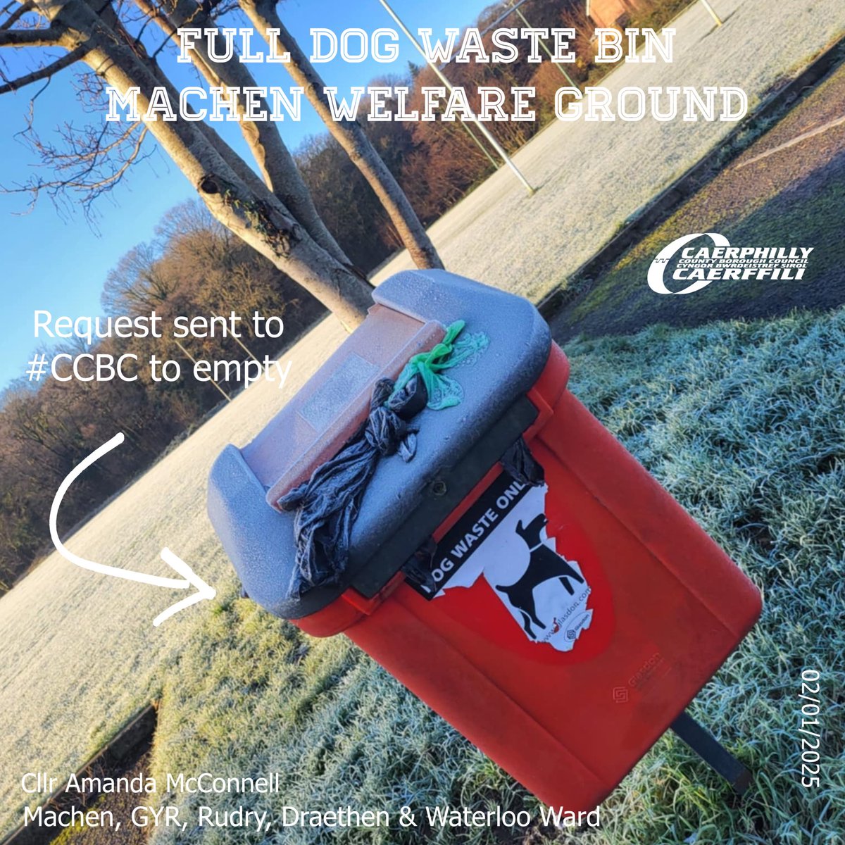 McConAmanda's tweet photo. ⚠️ Dog Waste Bin over Machen Welfare Ground reported as full and needs emptying by #CCBC 🐶 

You can either report via myself, Cllr Chris Morgan or Caerphilly CBC website directly: https://t.co/yKP0hxRwpL

#MachenRudryWard https://t.co/YqzQATiqKO