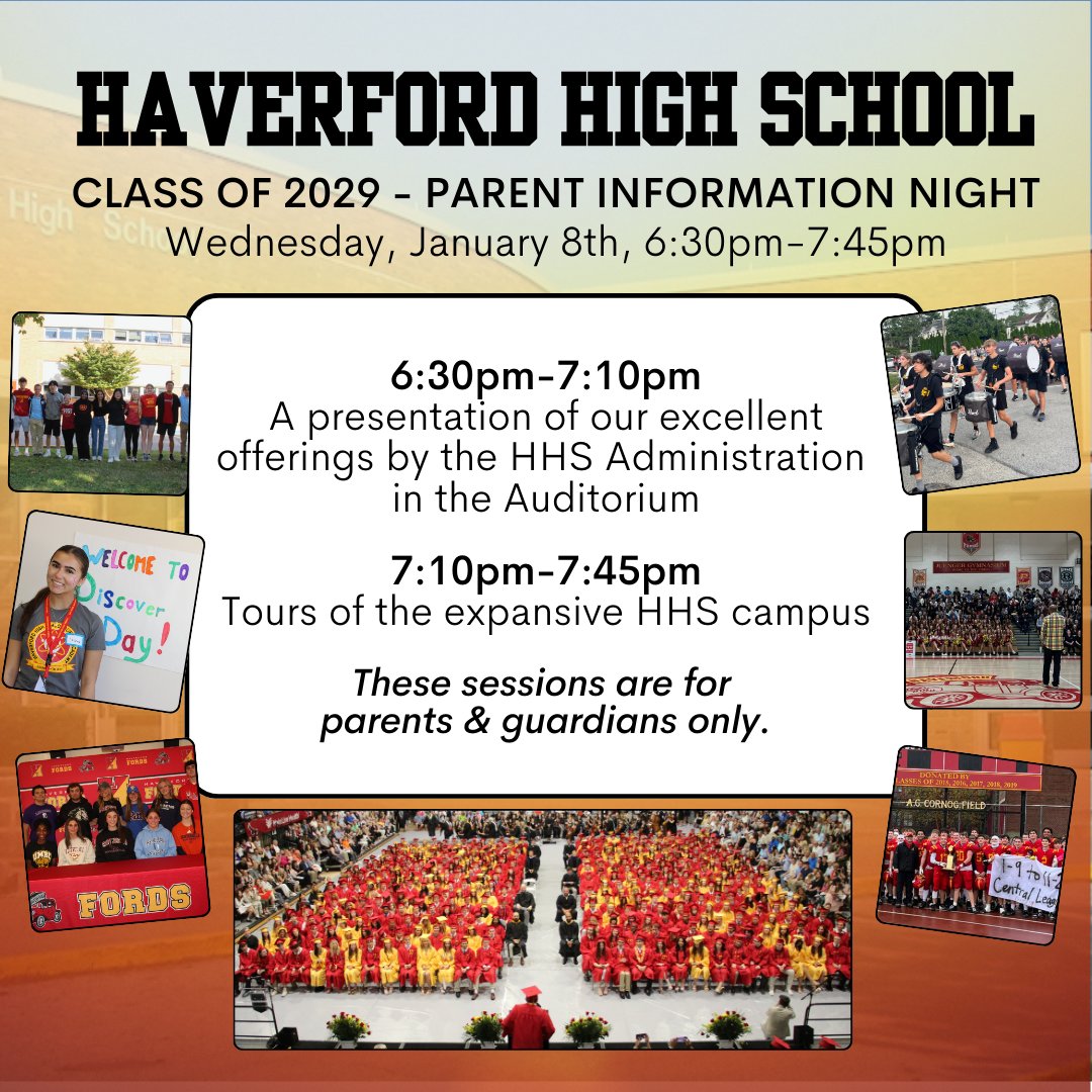 Haverford HS (@haverford_hs) on Twitter photo Parents/Guardians of current 8th grade students - please plan on joining us for our Class of 2029 Parent Information Night next Wednesday, January 8th beginning at 6:30pm in the Auditorium. <a href="/haverfordsd/">Haverford SD</a> #HaverfordHS #GoFords Parents/Guardians of current 8th grade students - please plan on joining us for our Class of 2029 Parent Information Night next Wednesday, January 8th beginning at 6:30pm in the Auditorium. <a href="/haverfordsd/">Haverford SD</a> #HaverfordHS #GoFords