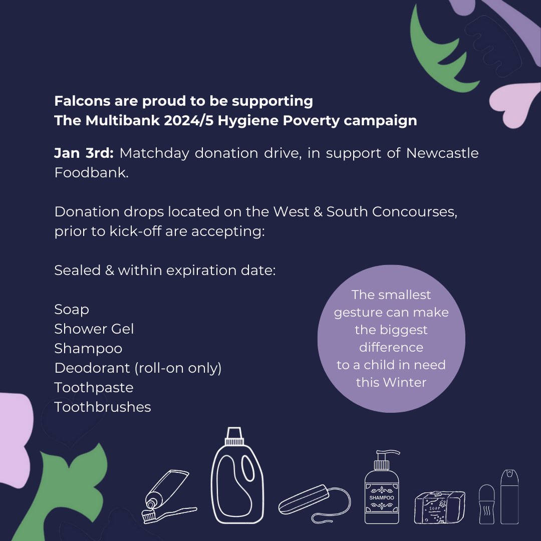 The Multibank (@themultibank) on Twitter photo Tomorrow, we’re joining forces with <a href="/FalconsRugby/">Newcastle Falcons</a> for a hygiene poverty donation drive ahead of their home fixture v <a href="/Harlequins/">Harlequins 🃏</a>. 🪥🫧
Donation drops open from 5:30pm.
#falcons
#quins Tomorrow, we’re joining forces with <a href="/FalconsRugby/">Newcastle Falcons</a> for a hygiene poverty donation drive ahead of their home fixture v <a href="/Harlequins/">Harlequins 🃏</a>. 🪥🫧
Donation drops open from 5:30pm.
#falcons
#quins