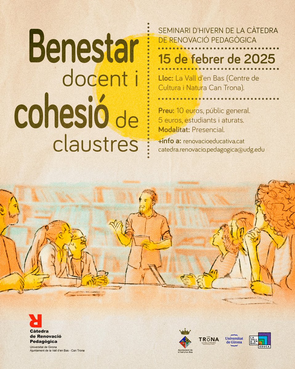 🗣Presentem la cinquena Jornada d' Hivern: Benestar docent i cohesió de claustres

Professionals de l’àmbit compartiran la seva experiència sobre bones pràctiques educatives 

✍️ Inscripcions a partir del 8 de gener✅️

#jornadadhivern
#benestardocenticohesiodeclaustres
#renovem