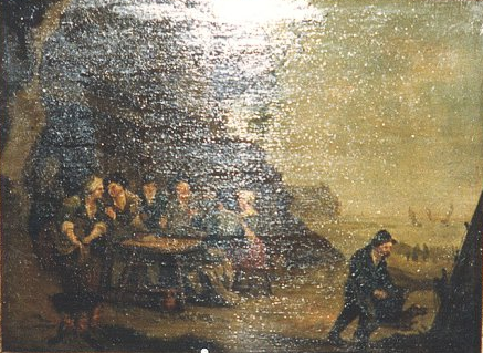 We #collectievissen verder: Vijf mannen en een vrouw aan een tafel zittend, onder het genot van een "glaasje". Man rechts verlaat het gezelschap in beschonken toestand. #alcohol