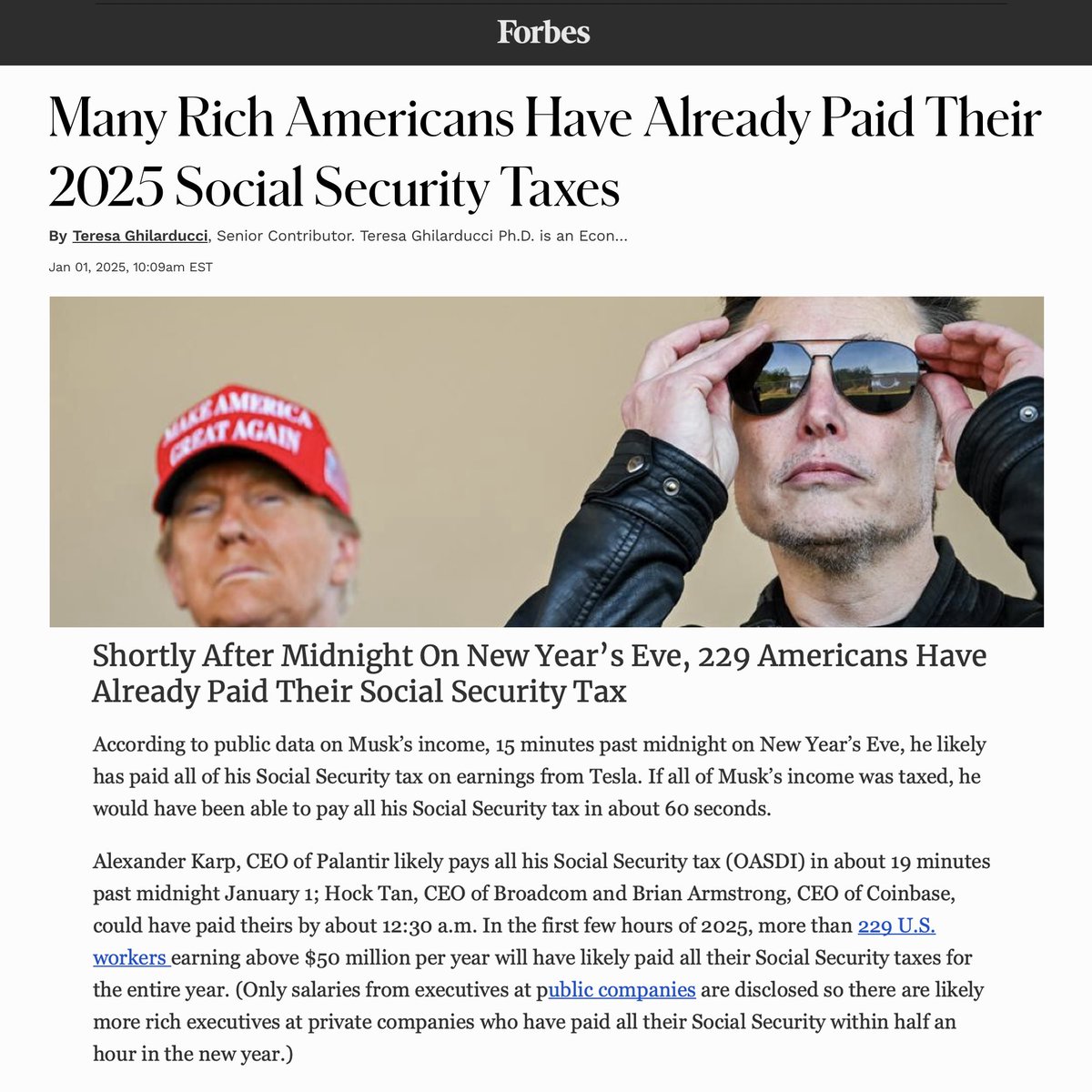DarrigoMelanie's tweet image. Elon Musk stopped paying into Social Security on January 1st at 12:15am

The CEO of Palantir at 12:19am
The CEOs of Broadcom and Coinbase at 12:30am

and at least 225 more before New Years Day was done.

Scrap the cap on Social Security.