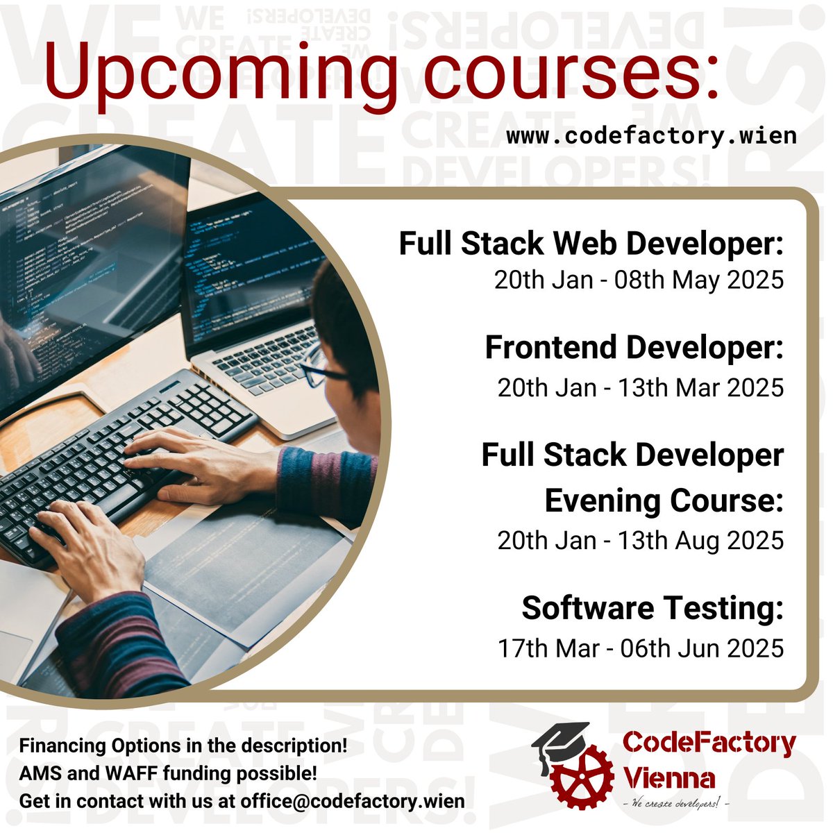 CodeFactoryVIE's tweet image. Learn new programming skills to enhance your career in technology! 💪🤩
Register now for one of our upcoming courses by clicking the link in the bio!
For more information contact us at office@codefactory.wien or visit codefactory.wien