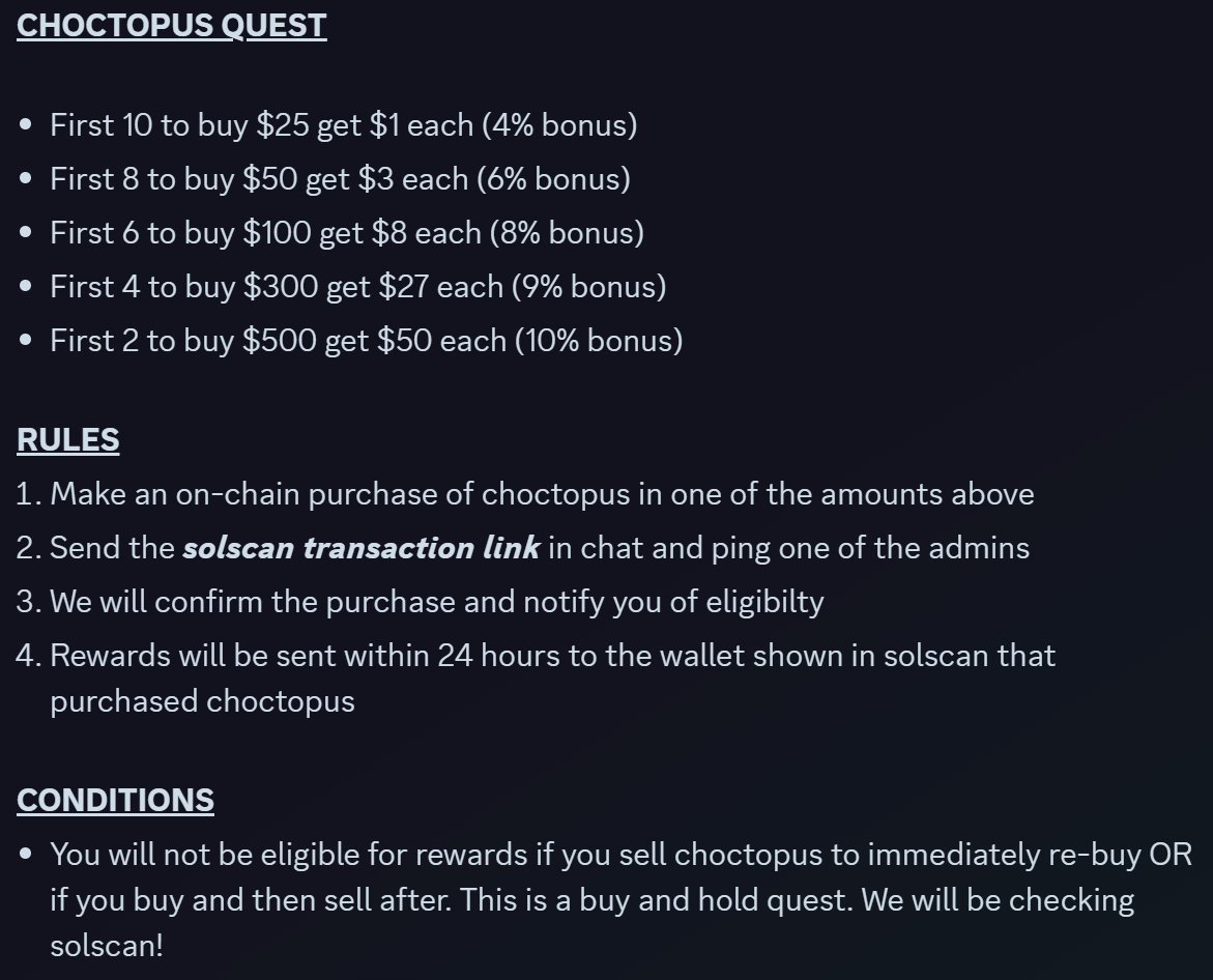 <a href="/cryptojack/">CryptoJack</a> $choctopus
- low mc and huge potential
- rugproof design, 30% token lock
- thriving, friendly, talented, welcoming community
- NY2025 offer, find out more on discord discord.gg/choctopustoken 
<a href="/ChoctopusCrypto/">Choctopus</a> 
EVrGfAj99Xr1NjqqZv6E2msVKZVmhGaThHhcZXzrpump