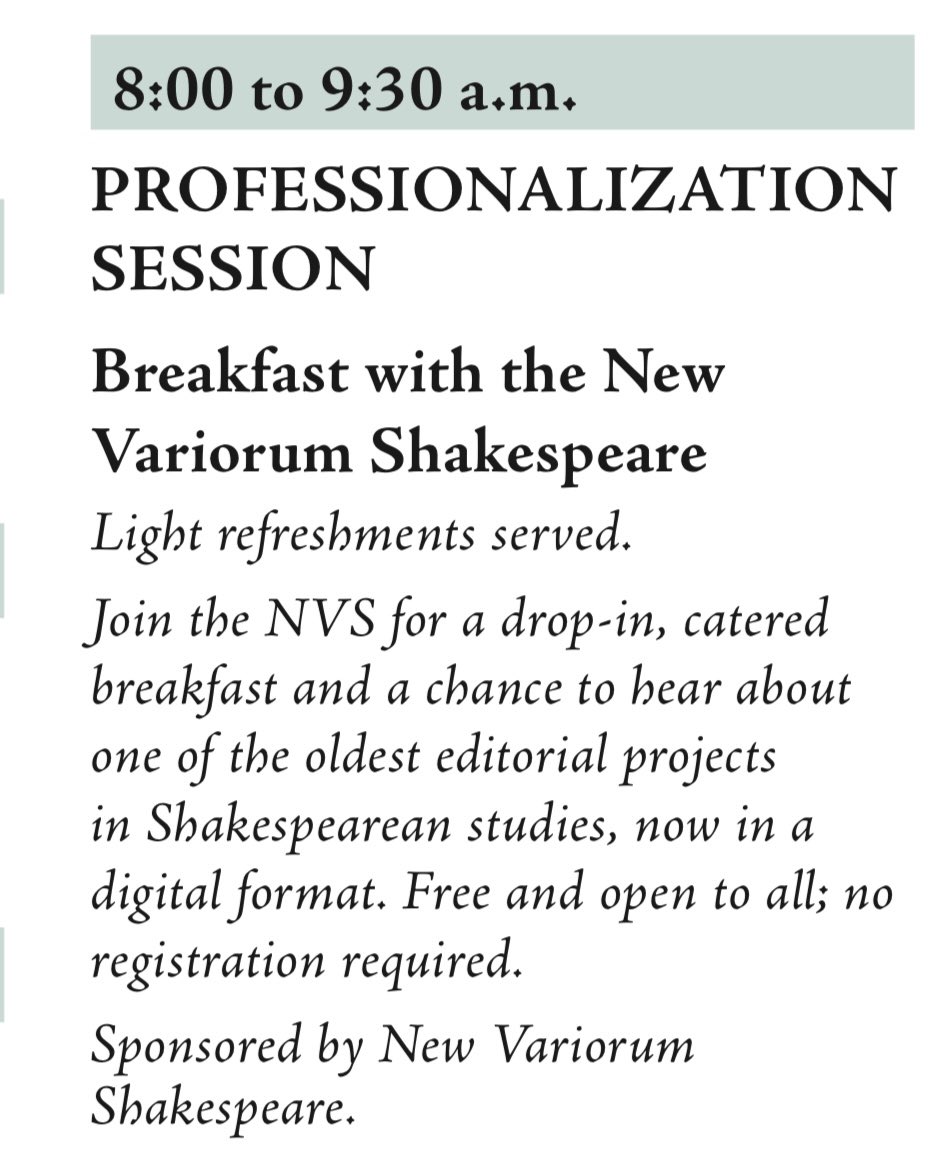Robert Stagg (@robert_stagg) on Twitter photo The Shakespeare Association of America <a href="/SAAupdates/">Shakespeare Association of America</a> schedule is now live: come along to the New Variorum Shakespeare Breakfast on Thursday 20 March to hear more about the NVS and meet our team (plus enjoy some free croissants).
News of many more NVS events in 2025 coming soon! The Shakespeare Association of America <a href="/SAAupdates/">Shakespeare Association of America</a> schedule is now live: come along to the New Variorum Shakespeare Breakfast on Thursday 20 March to hear more about the NVS and meet our team (plus enjoy some free croissants).
News of many more NVS events in 2025 coming soon!