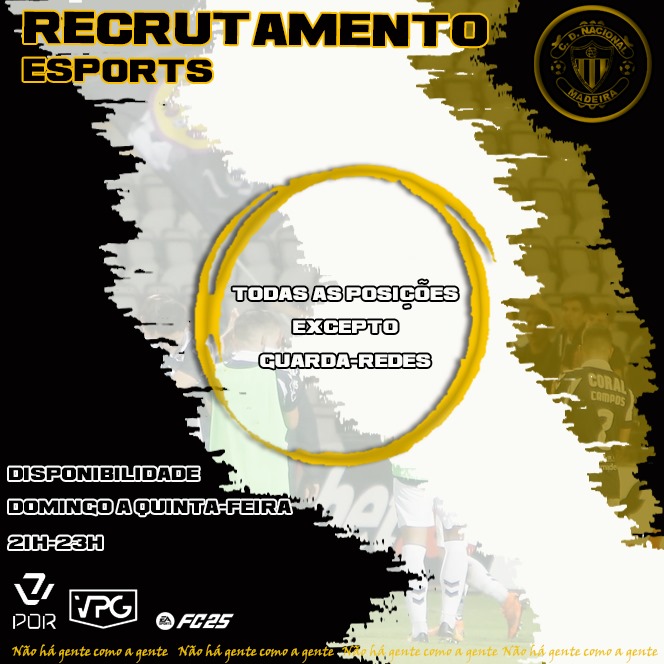 O CD Nacional eSports procura novos talentos.

Se tens espírito de grupo, boa capacidade comunicativa e gosto por ambientes meritocráticos, contacta-nos.

𝑵𝒂̃𝒐 𝒉𝒂́ 𝒈𝒆𝒏𝒕𝒆 𝒄𝒐𝒎𝒐 𝒂 𝒈𝒆𝒏𝒕𝒆! ⚪️⚫️
#CDNacionaleSports | #ESports  | #ProClubs |#NãoHáGenteComoAGente