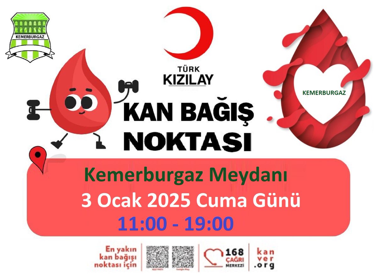 🩸 Kan acil değil, sürekli ihtiyaçtır.
*Sen de kan bağışçımız ol, kan bekleyen milyonları hayata bağlayalım.*
📅 *3 Ocak Cuma*
🕗 *11:00/19:00*
❣️ *Kemerburgaz Meydanı*
#CandanBağlıyız 🫶
#SensizOlmaz 🫵🏻