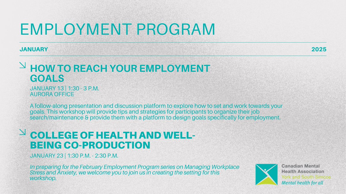 Happy New Year from all of us at CMHA! Our Employment Program and Community Connections have released their January 2025 program calendars. Click below to explore our *FREE* workshops.⁠

cmha-yr.on.ca/get-support/pr…
⁠
#MentalHealthPrograms #MentalHealthMatters #MentalHealthHelp