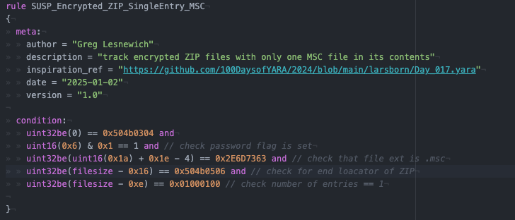 #100DaysofYARA day 2 - one cluster in my portfolio, TA427 really likes to use password-protected ZIP files with an MSC file as the only embedded file (used to use .VBS files)

lets look for ZIPs that match those features! 

github.com/100DaysofYARA/…