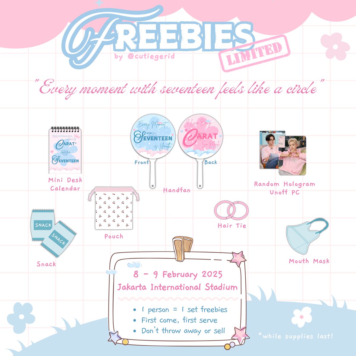 yourainys_'s tweet photo. SEVENTEEN RIGHT HERE IN JAKARTA FREEBIES by 𝑐ℎ𝑎‿◜ఇ @cutiegerid

📅 8 - 9 Feb 2025
📍Jakarta International Stadium

𝐋𝐈𝐌𝐈𝐓𝐄𝐃 𝐐𝐓𝐘!!!

See you Caratdeul! Horanghae~♡

⊹ ──⋅‧˚🖇️✩ ₊ ♡ ˚.🎧⋆⋅──⊹

RT &amp; like are appreciated🌷

#SVT_RIGHT_HERE_IN_JAKARTA https://t.co/GKhT3302HB
