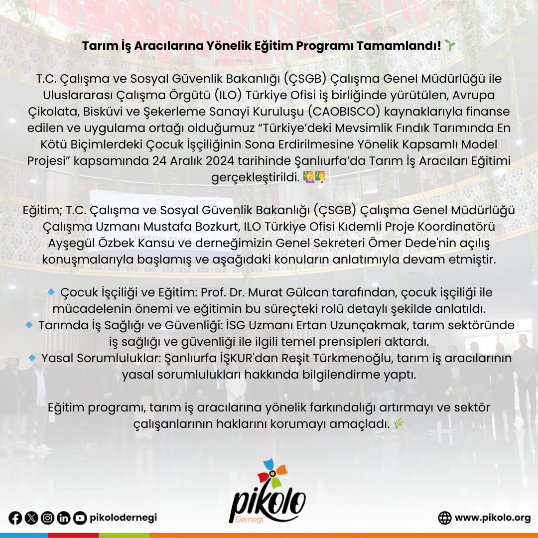 Tarım İş Aracılarına Yönelik Eğitim Programı Tamamlandı! 🌱

<a href="/cgm_csgb/">Çalışma Genel Müdürlüğü</a> <a href="/iloankara/">ILO Türkiye</a> 

#Tarım #Eğitim #İşSağlığı #Çocukİşçiliği #Şanlıurfa #İSG #SürdürülebilirTarım #ÖnceÇocuk