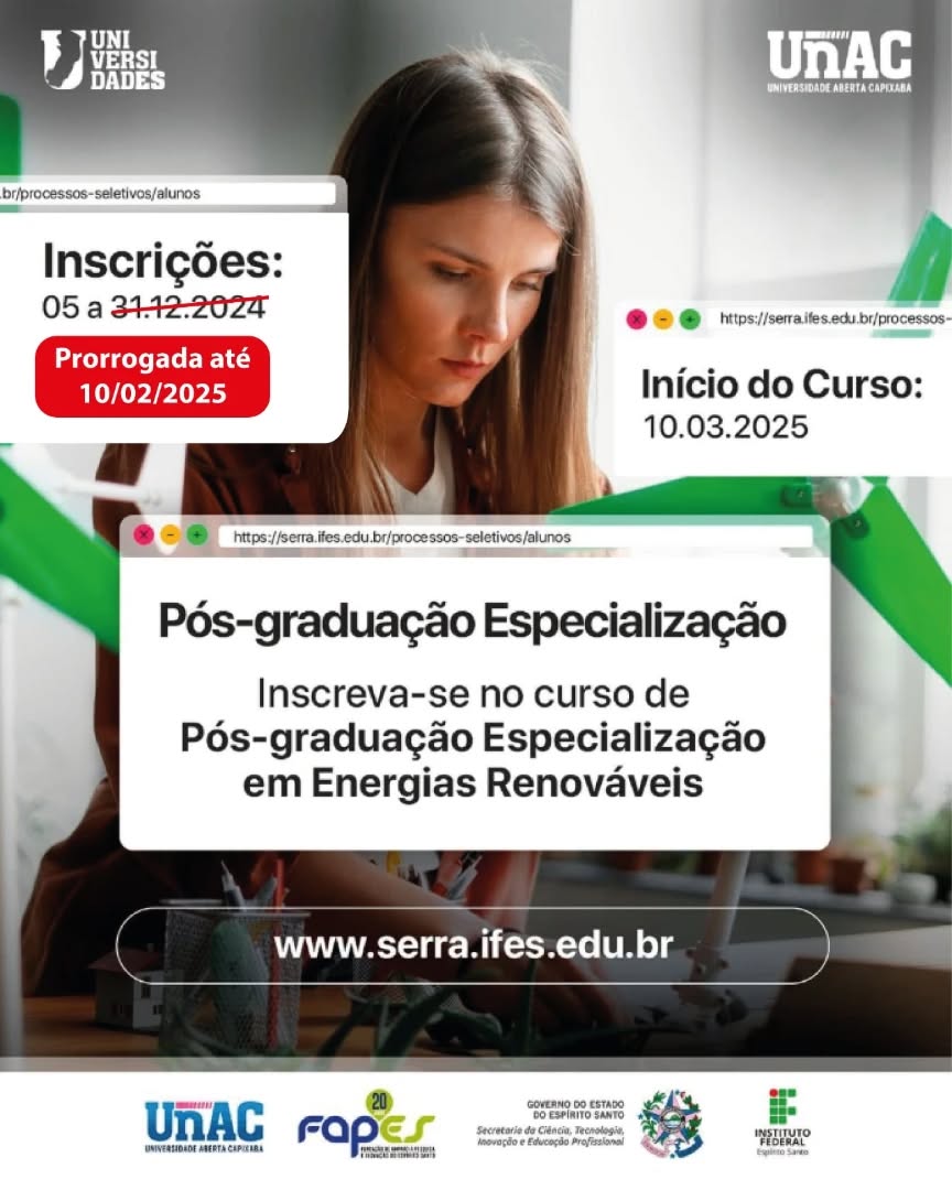 Faça Especialização em Energias Renováveis no Ifes - Campus Serra! As inscrições vão até 10 de fevereiro: serra.ifes.edu.br/processos-sele…