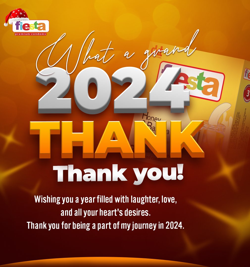 fiestanaija's tweet image. Happy new year!
Thank you, 2024! 🎉 Cheers to a year filled with love, laughter, and safe moments. Here’s to more adventures with Fiesta Condoms—because safety and pleasure go hand in hand!" ❤️✨
.
7790
.
#ThankYou2024 #FiestaCondoms #SafeAndFun #LoveAndLaughter #NewAdventures