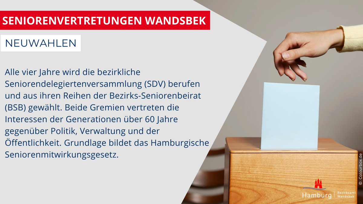 Im April 2025 wird in #Wandsbek die neue #Seniorendelegiertenversammlung berufen und der neue #Seniorenbeirat gewählt ✉. Bis zum 17.2.2025 könnt ihr euch im #Bezirksamt Wandsbek als Mitglied der Seniorendelegiertenversammlung anmelden ✅. Infos 🔗: t1p.de/un1gh