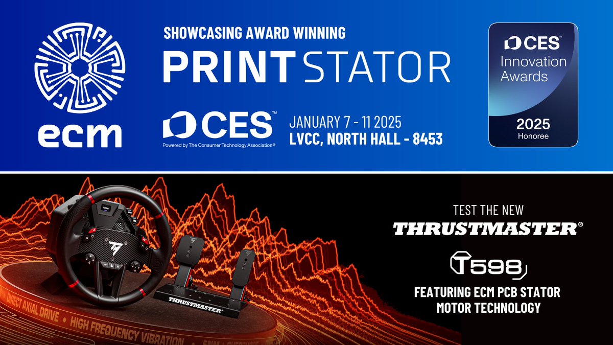 pcbstator's tweet image. Happy New Year! 🎉 We&apos;re kicking off 2025 at @CES showcasing PCB Stator Tech &amp;amp; #PrintStator Motor CAD. 🚗💨 Test the #Thrustmaster T598 #SimRacing wheel featuring a PrintStator designed #PCBStator motor!

📍 North Hall, Booth #8453—see you there!

#ProductInnovation #CES2025