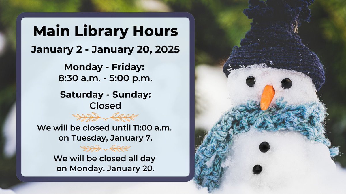 Happy New Year, #Illini! If your resolution is to visit the Main Library more, here are the times you can do that before the spring semester starts. We look forward to seeing you!