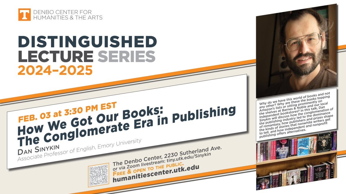 Denbo Center for Humanities & the Arts (@uthumanitiesctr) on Twitter photo Happy New Year!
The first event in our spring 2025 Distinguished Lecture Series will be a talk by <a href="/dan_sinykin/">Dan Sinykin</a> on "How We Got Our Books: The Conglomerate Era in Publishing." We hope you can join us in person or online @ 3:30pm EST on Feb. 3! Happy New Year!
The first event in our spring 2025 Distinguished Lecture Series will be a talk by <a href="/dan_sinykin/">Dan Sinykin</a> on "How We Got Our Books: The Conglomerate Era in Publishing." We hope you can join us in person or online @ 3:30pm EST on Feb. 3!