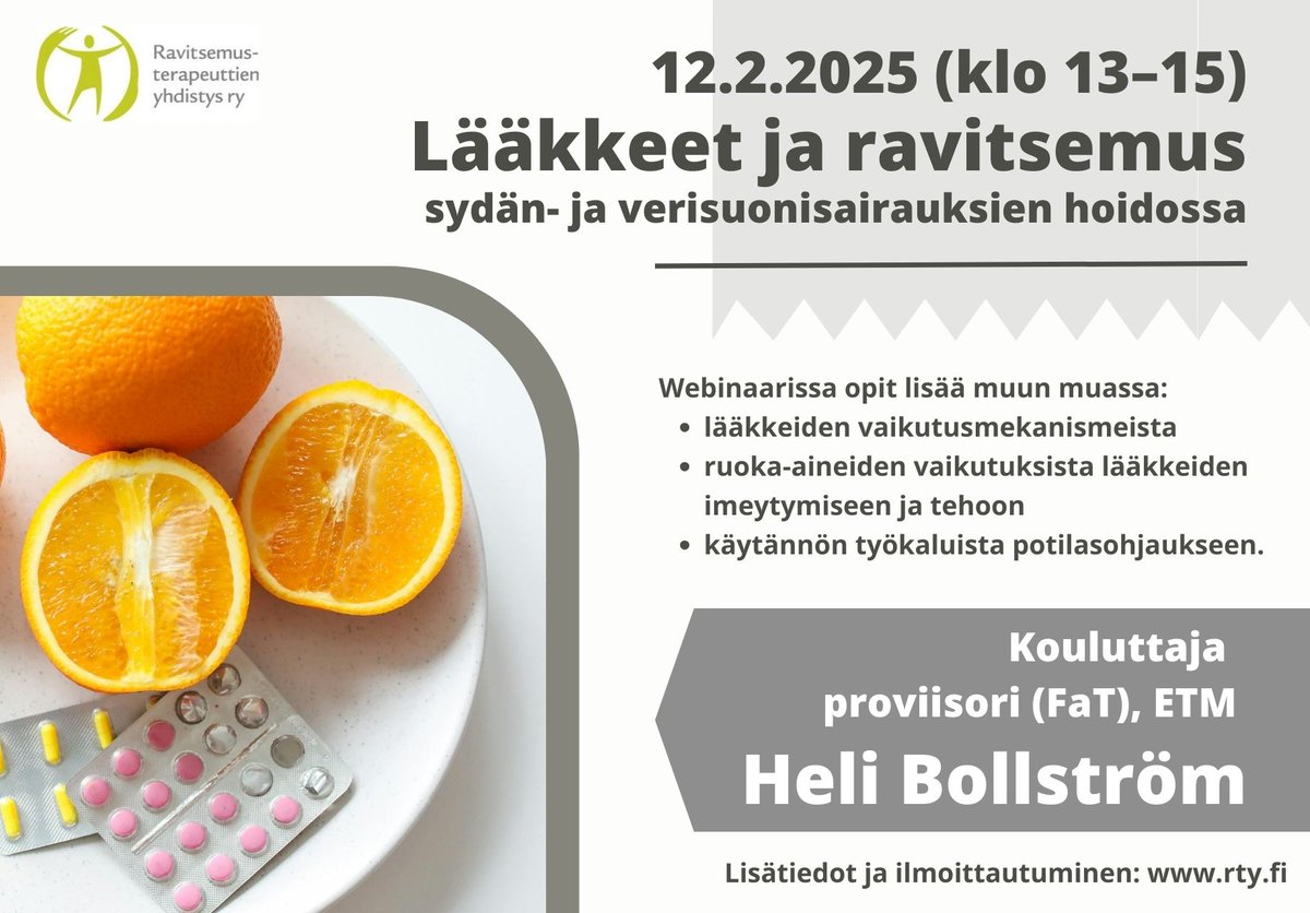 Lääkkeet ja ravitsemus -webinaari tulossa 12.2. klo 13–15! Opit mm. lääkkeiden vaikutusmekanismeista ja ruoka-aineiden vaikutuksista lääkkeiden tehoon. Kouluttaja proviisori, ETM Heli Bollström. Tallenne osallistujille!  rty.fi/toiminta/muu-k…
#webinaari #ravitsemus #lääkehoito