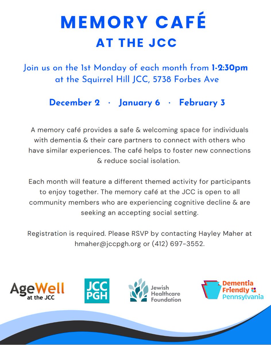 Age-Friendly Greater Pittsburgh (@agefriendlypgh) on Twitter photo #DYK Memory Cafes come to the <a href="/JCCpittsburgh/">JCC Pittsburgh</a> on the 1st Monday of each month? These cafes provide safe spaces for people living with dementia & their care partners to connect with neighbors & reduce social isolation. To register contact hmaher@jccpgh.org or 412-697-3552.
<a href="/JHForg/">Jewish Healthcare Foundation</a> #DYK Memory Cafes come to the <a href="/JCCpittsburgh/">JCC Pittsburgh</a> on the 1st Monday of each month? These cafes provide safe spaces for people living with dementia & their care partners to connect with neighbors & reduce social isolation. To register contact hmaher@jccpgh.org or 412-697-3552.
<a href="/JHForg/">Jewish Healthcare Foundation</a>
