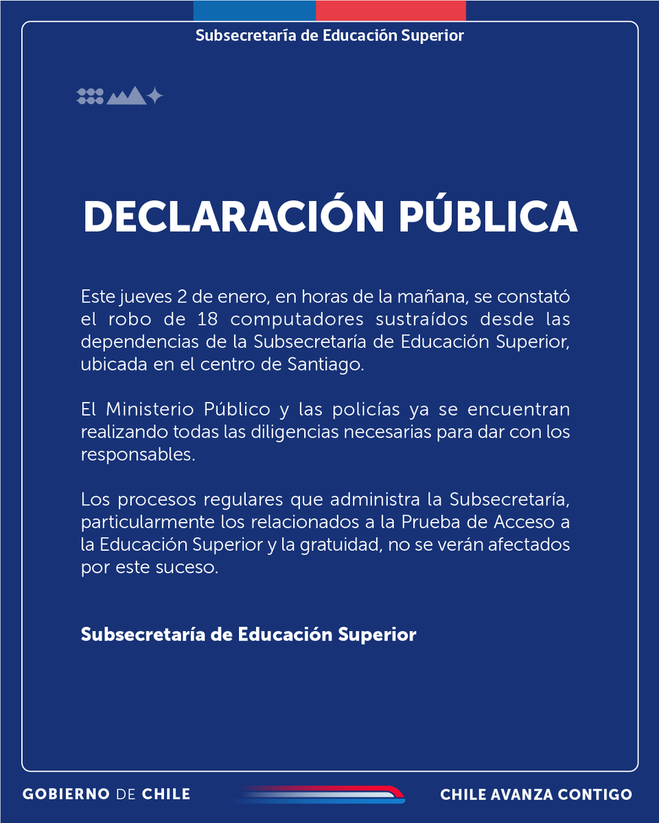 Declaración pública a propósito del robo constatado hoy en las dependencias de la Subsecretaría de Educación Superior.