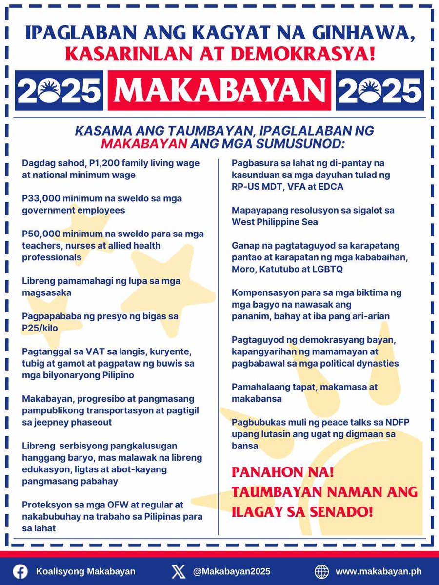 KabataanPL's tweet photo. ANO ANG PLATAPORMA NG MAKABAYAN SA 2025? 🤔🤔🤔

Kung ano ang PANGANGAILANGAN ng nasa LAYLAYAN, SOSOLUSYONAN NATIN 💯 para sa ginhawa ng nakararami at pang-matagalang kaunlaran ng bayan para sa susunod na henerasyon.

Basahin ang ang buong programa ng Makabayan para sa tunay na pagbabago!

Pero mga mhie, posible lang ito kung sama-sama nating ipaglalaban ito! 

Kaya, ikaw! Oo, ikaw! 🫵🏼 Mag-volunteer na para ipanalo ang oposisyon ng mamamayan at palakasin ang mga organisasyon ng kabataan at masang Pilipino:

BE A FULL-FLEDGED MEMBER OF KABATAAN PARTYLIST! https://t.co/MPlS9hP4KG

BE A KABATAAN VOLUNTEER FOR THE 2025 ELECTIONS! https://t.co/m0PFPGkvtE

JOIN OUR FB SUPPORT GROUP NOW FOR FUTURE UPDATES! https://t.co/7tDDNvY3ir

#LabanKabataan
#TaumbayanSaSenado