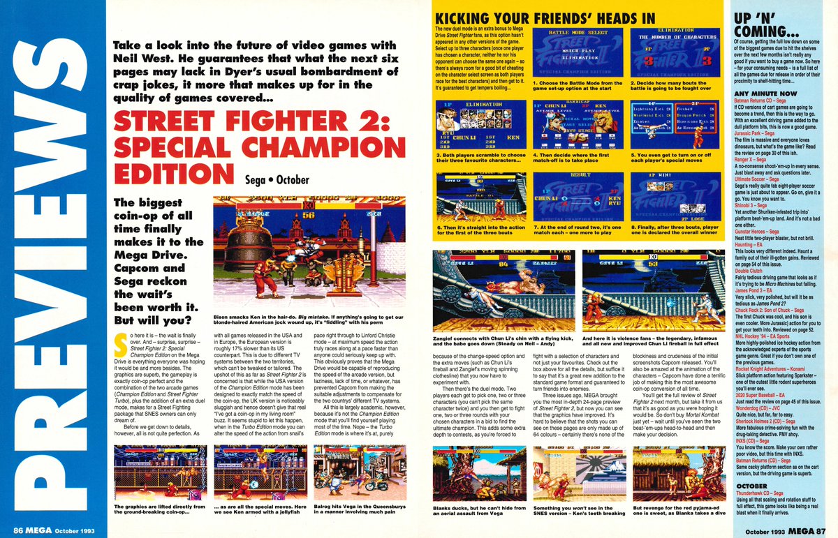 SF2doc's tweet photo. Preview of Street Fighter 2: Special Championship Edition in MEGA magazine from October 1993.
#StreetFighter #SF2doc #SEGA https://t.co/aQ6dbu6n8W
