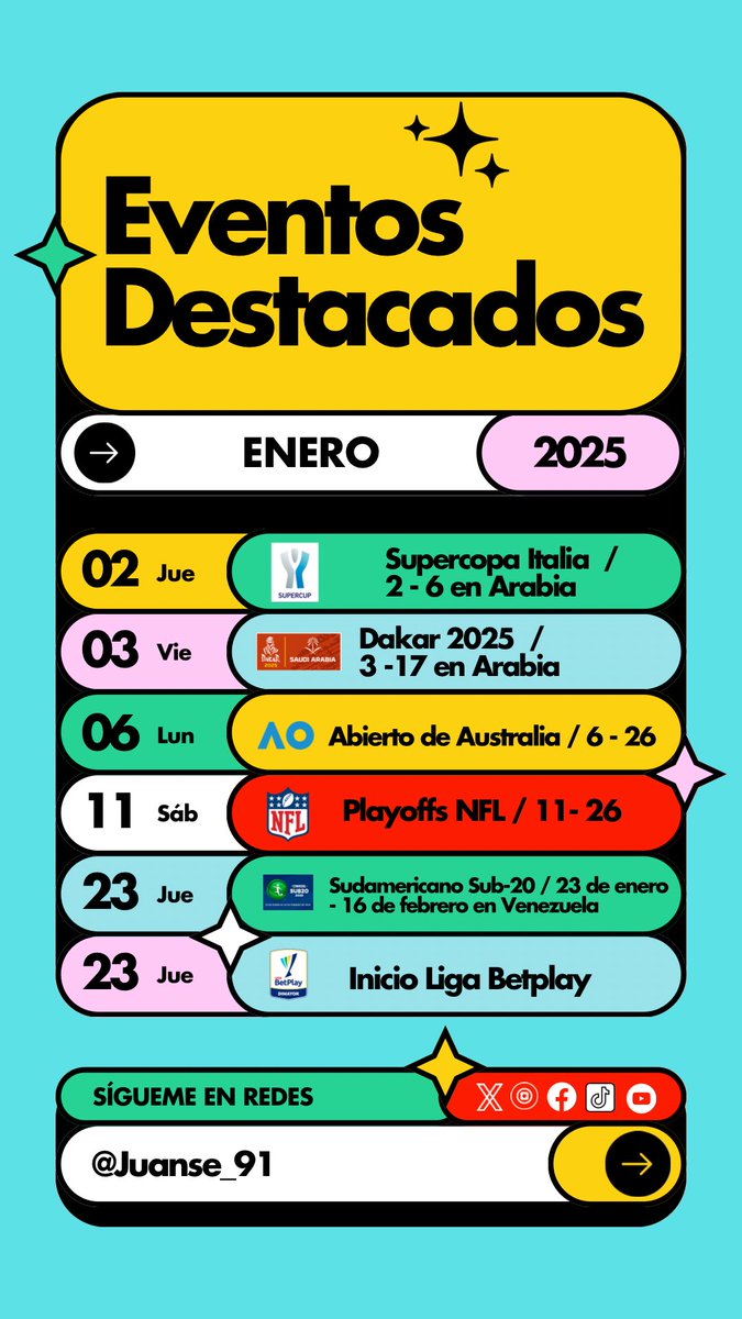 juanse_91's tweet photo. #HappyNewYear 

Los destacados de enero.

Hoy inicia la #SupercoppaItaliana 🇮🇹

Hay #DakarInSaudi 

Primer grand slam del año: #AUSOpen 

Tenemos playoffs de la #NFL 

Se juega el #SudamericanoSub20 🇻🇪

Regresa la #LigaBetplayDimayor 🇨🇴 https://t.co/V61vFs22JS