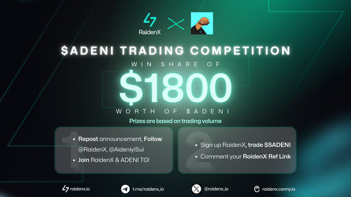 raidenx_io's tweet photo. 🚀Win share of $1800 Rewards! 🚀

RaidenX x @AideniyiSui

Trading Competition

🏅Prize Pool: $1800 (~50,000,000 $ADENI)

🏅 Prizes are based on trading volume
- 1st Place: $612 (~17,000,000 $ADENI)
- 2nd Place: $432 (~12,000,000 $ADENI)
- 3rd Place: $288 ( ~8,000,000 $ADENI)
- 4-5th Place: $130 (~3,600,000 $ADENI)
- 6th-8th Place: $45 (~1,250,000 $ADENI)

Additional Pool: ~$73 (~2,020,000 $ADENI) shared among 10 lucky participants

How to Join:
1. Repost this announcement, follow @raidenx_io  and  @AideniyiSui , join TG:
⁃ RaidenX: https://t.co/kAgKPSeCY7
⁃ Adeni: https://t.co/eN7wJUc2ns
2. Sign up on RaidenX and trade $ADENI.
3. Comment your RaidenX Referral link below.

Duration: 4 Days (14:00 UTC, Jan 2 - 23:59 UTC, Jan 5, 2024)
Trade $ADENI now:  https://t.co/4H6vIVB5O9