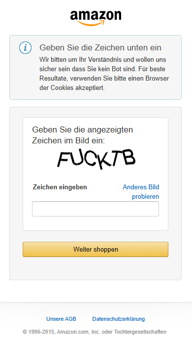 Lasercode's tweet photo. @amazon Is it hard to program a string filter for captchas, or are you just too busy with rocket science? #nofilter https://t.co/VeU0zzSf1r