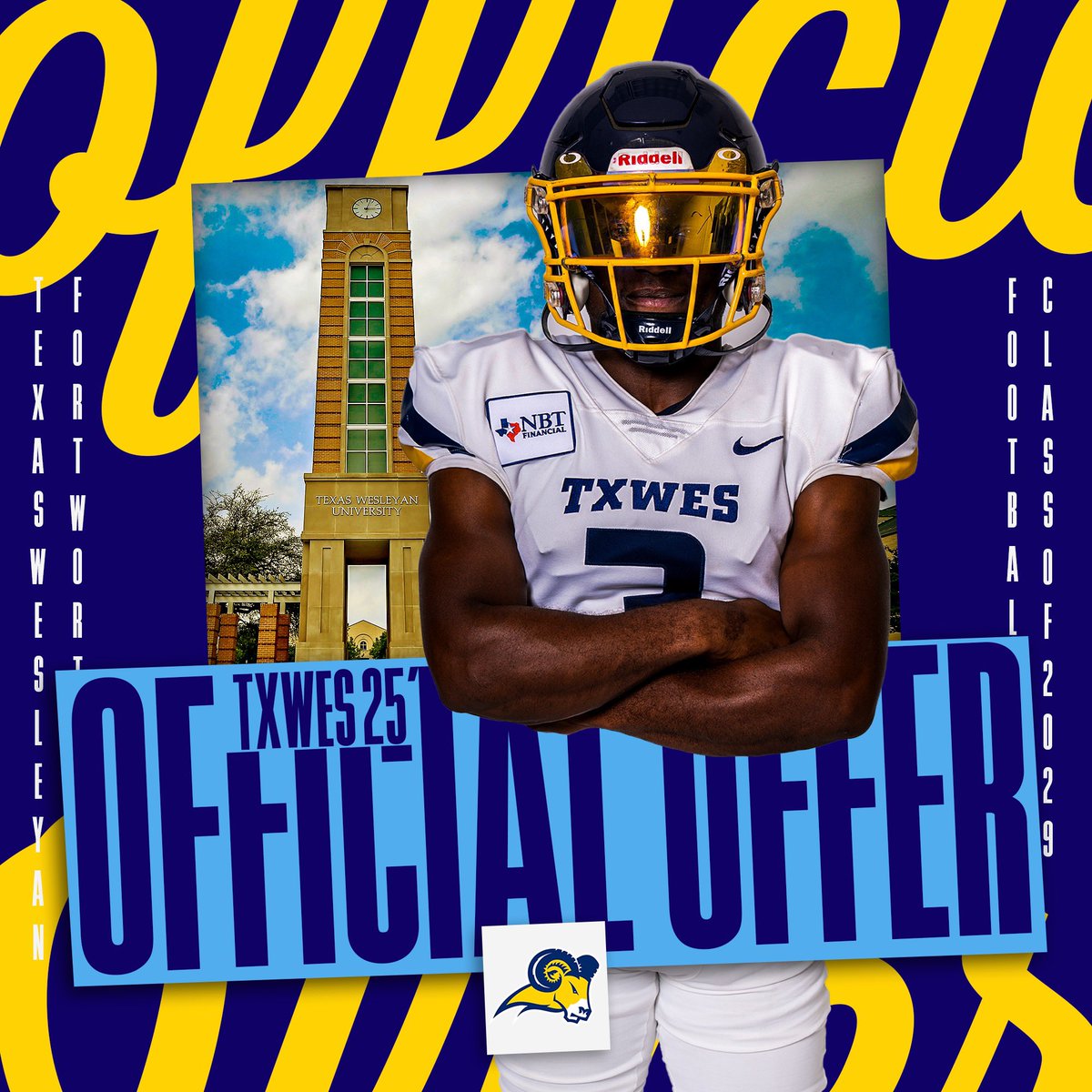 #AGTG Following a great conversation with <a href="/Coach_FJohnson/">Fran Johnson</a> I am blessed to receive my 3rd offer from <a href="/TexasWesleyan/">Texas Wesleyan</a> 💙🐏
<a href="/Nederland_FB/">Nederland Bulldogs Football</a>