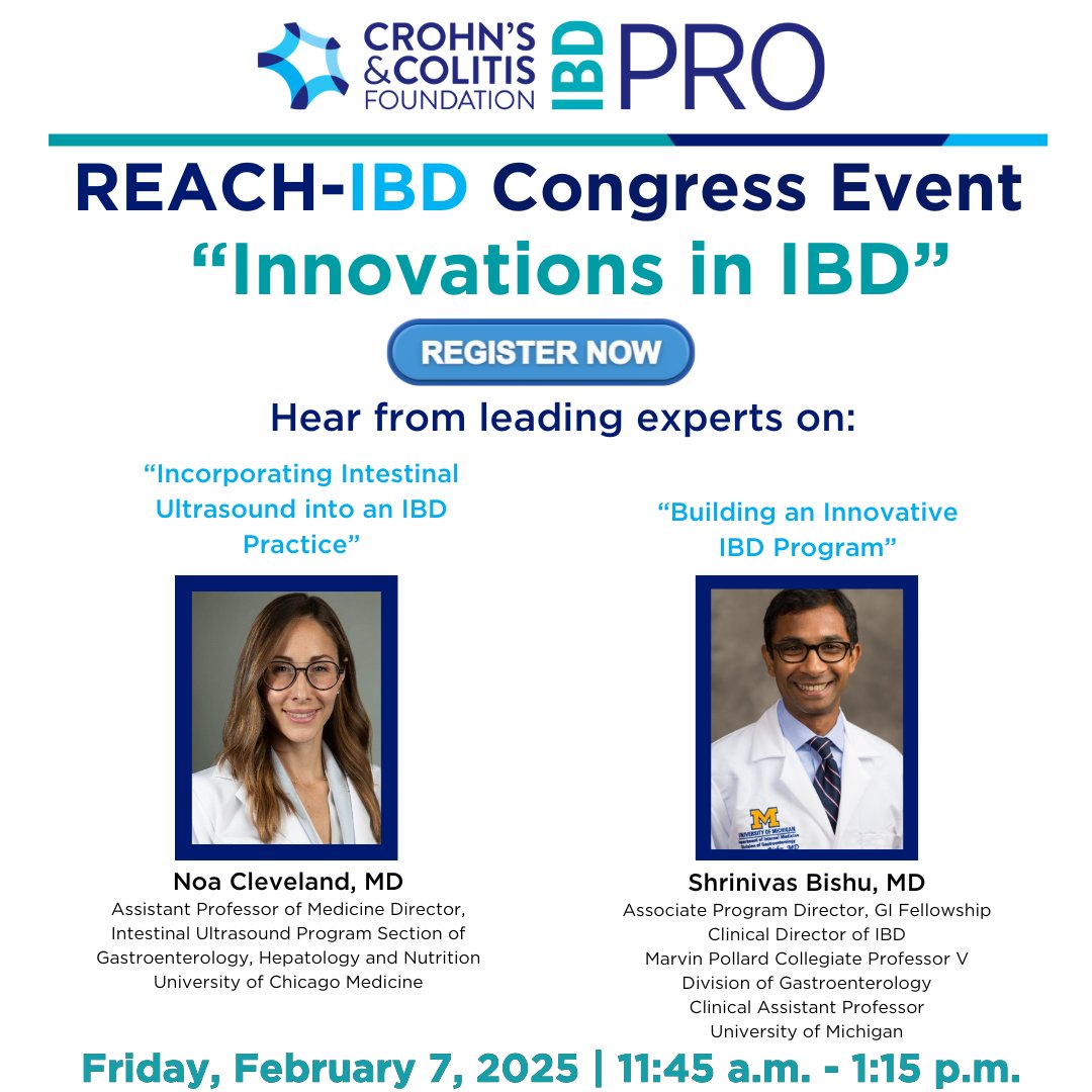 Suha Abushamma, MD (@suhaabushamma) on Twitter photo Register for the REACH-IBD Event at Congress 2025 💫
Dive into groundbreaking IBD advancements featuring <a href="/KrugCleveland/">Noa Krugliak Cleveland, MD</a> and <a href="/IBDimmunology/">Shrinivas Bishu</a> as they explore ultrasound innovations. You must register for Congress to attend.
surveymonkey.com/r/CongressREAC… Register for the REACH-IBD Event at Congress 2025 💫
Dive into groundbreaking IBD advancements featuring <a href="/KrugCleveland/">Noa Krugliak Cleveland, MD</a> and <a href="/IBDimmunology/">Shrinivas Bishu</a> as they explore ultrasound innovations. You must register for Congress to attend.
surveymonkey.com/r/CongressREAC…