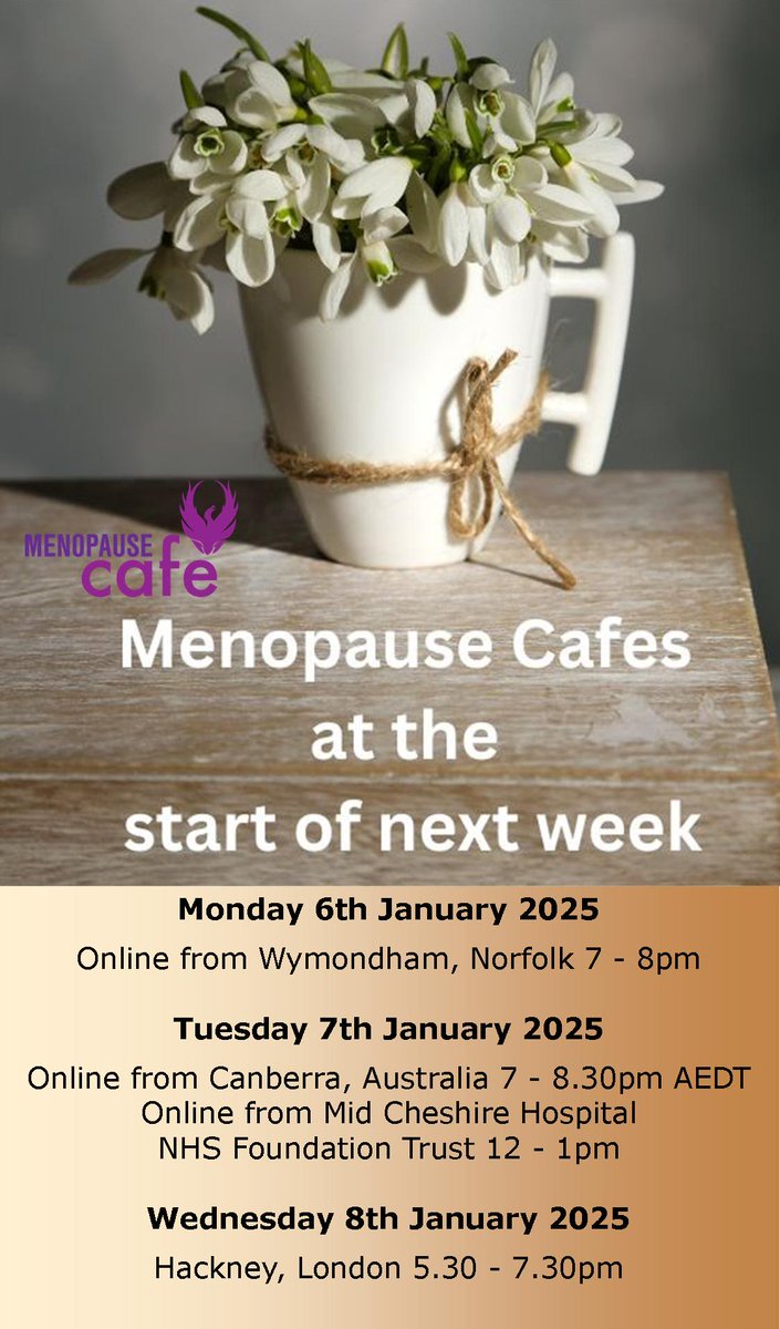 Menopause Café (@menopause_cafe) on Twitter photo Menopause Cafes at the start of the week. For full detail, how to book and future dates see: menopausecafe.net/events-calenda…
<a href="/larissawaters/">Larissa Waters</a>
<a href="/MidCheshireNHS/">Mid Cheshire Hospitals 🏥</a>
#menopause #perimenopause #WomensHealth Menopause Cafes at the start of the week. For full detail, how to book and future dates see: menopausecafe.net/events-calenda…
<a href="/larissawaters/">Larissa Waters</a>
<a href="/MidCheshireNHS/">Mid Cheshire Hospitals 🏥</a>
#menopause #perimenopause #WomensHealth