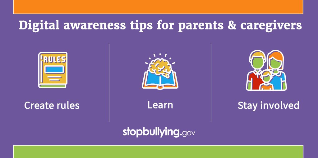 By setting clear and fair rules, learning about apps and their safety features, and staying involved in kids’ lives, parents and caregivers can help prevent cyberbullying. Learn more at stopbullying.gov/cyberbullying/….  #StopBullying
