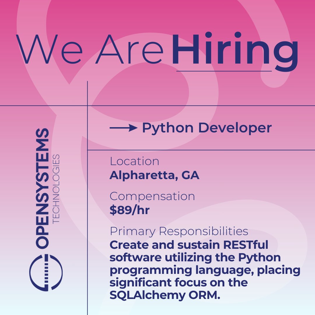 OpenSystemsTech's tweet image. ๐จ Job Alert! A leading financial firm is hiring a Python Developer! ๐
๐ Skills: Python, SQLAlchemy, Flask, Terraform, Git, Linux CLI
ย ๐ป Role: Develop & maintain RESTful software
ย ๐ Apply now: s.mtrbio.com/vobuairesr
#PythonJobs #TechCareers