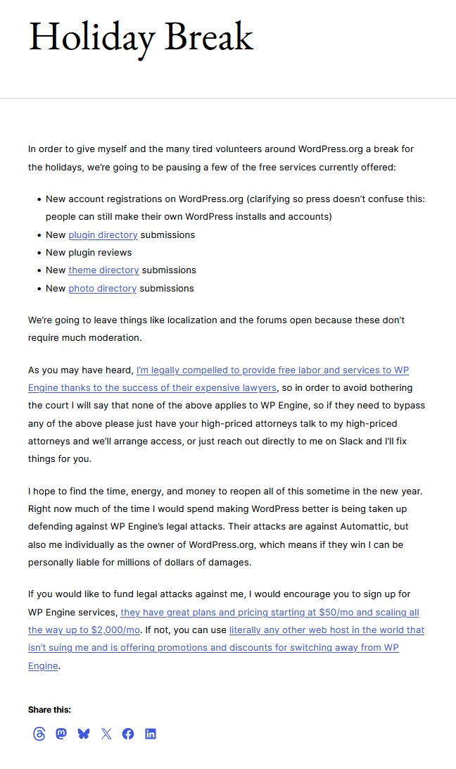 peakminute's tweet photo. I think this "drama" between WordPress (Matt Mullenweg) and WP Engine should be posted on my feed as a piece of history. https://t.co/9Sy6tLpKoQ