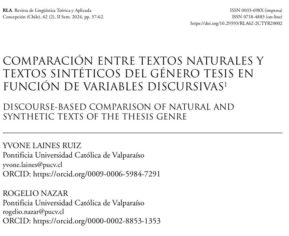 TeclingGroup's tweet image. Tenemos nuevo artículo en RLA en el que comparamos las características del texto natural y el generado por chatGPT. Medimos distintas variables discursivas y encontramos diferencias interesantes: scielo.cl/pdf/rla/v62n2/…