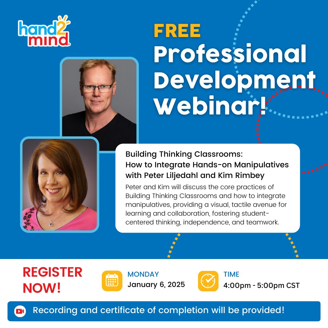 We are thrilled to welcome <a href="/pgliljedahl/">Peter Liljedahl</a> back for his 4th webinar with hand2mind! Join Peter and Kim Rimbey on Monday, Jan. 6th for a free webinar, Building Thinking Classrooms: How to Integrate Hands-on Manipulatives! Register here: attendee.gotowebinar.com/register/84168… **