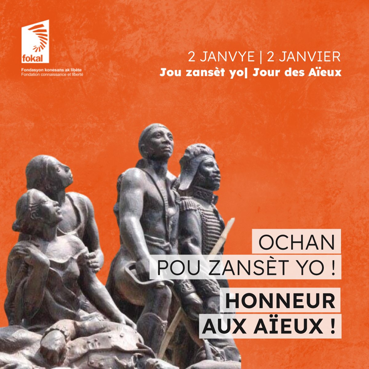 Nan dat 2 janvye sa, n ap bay ochan pou zansèt nou yo ki te mennen gwo batay kont lesklavaj epi kite pou nou yon peyi endepandan, kote tout pitit tè a ka viv nan libète ak diyite.

#Ayiti #2janvye #2janvier #jourdesaieux