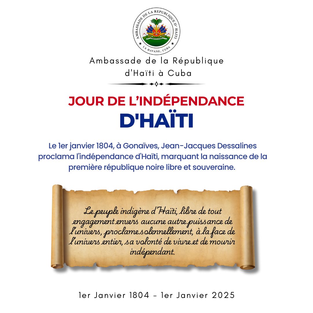 Yon premye janvye 1804, Ayiti make listwa.

Un primero de enero del 1804, occurió un suceso histórico relevante. 

Nació la Primera República negra, libre, e independiente del mundo: la República de Haíti.