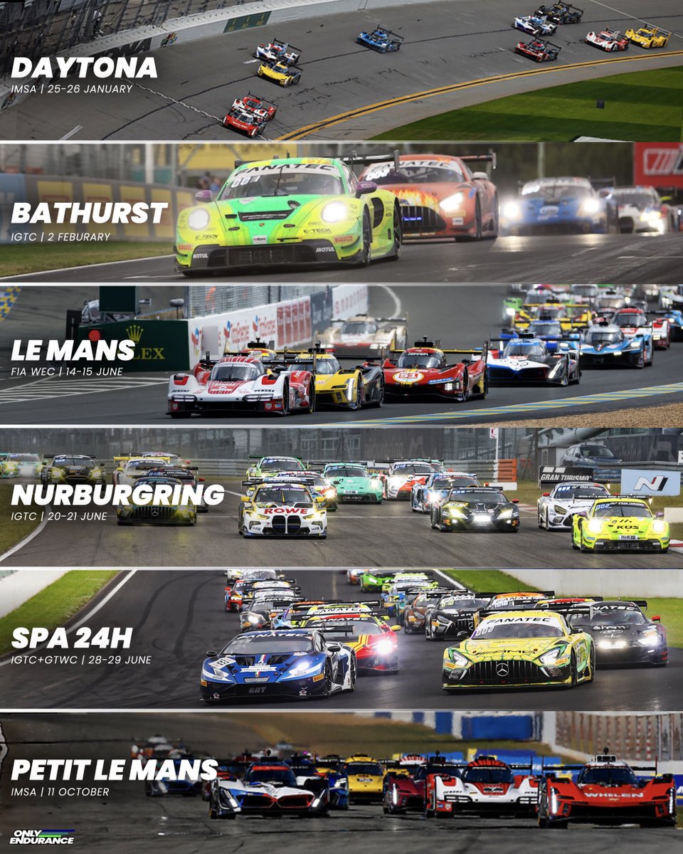 onlyendurance's tweet photo. Comment the race you’re most excited for 💬🏁

🇺🇸 Rolex 24 at Daytona
🇦🇺 Bathurst 12H
🇫🇷 24H Le Mans
🇩🇪 Nürburgring 24H
🇧🇪 Spa 24H
🇺🇸 Petit Le Mans
🌍 Something else?!

We’re set for an absolutely BANGING sportscar racing season in 2025, and it kicks-off in only a matter of days. https://t.co/pEQpmz8cU1