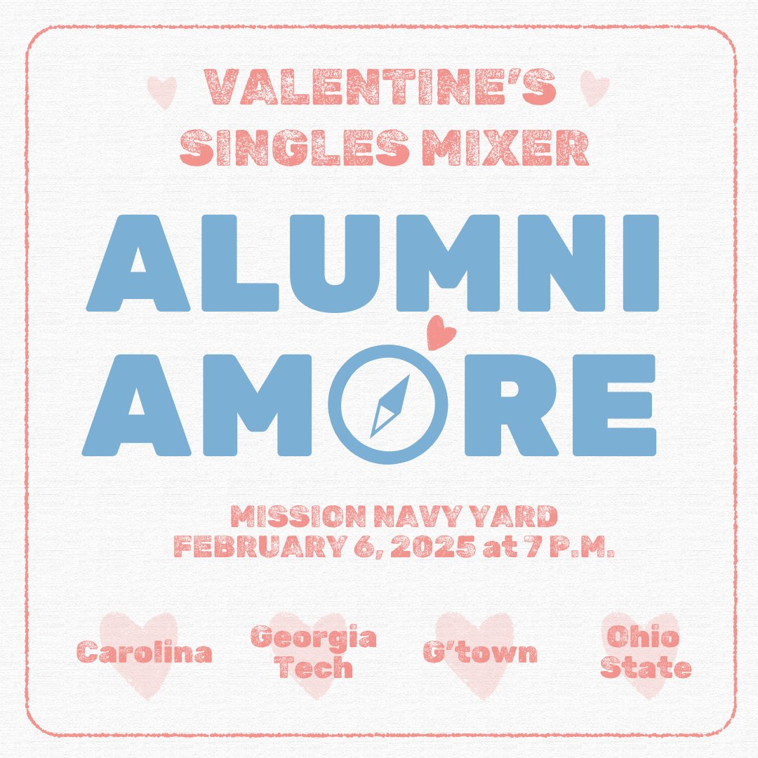 It's official: You've got Valentine's plans! 💘 Join local alumni from UNC, Georgetown, Georgia Tech &amp; Ohio State for an epic matchmaking scavenger hunt at 7pm on Feb 6 at Mission Navy Yard. All identities are welcome🌹
Get your ticket before they're gone: lu.ma/wxhuz9vx